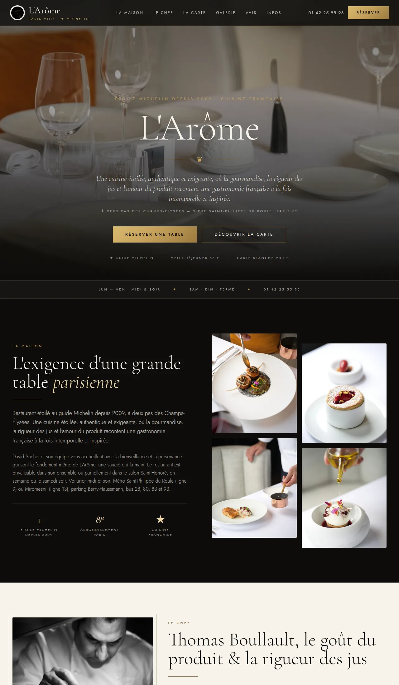 Site d'un restaurant gastronomique créé avec BonsResto, qui affiche un bouton de réservation